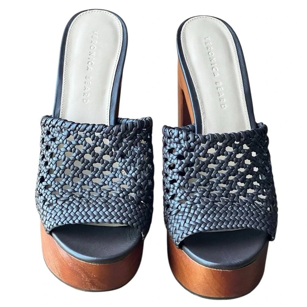 Veronica Beard Guadalupe Woven Platform Mule Heels Wood‎ Chunky Resort 8.5